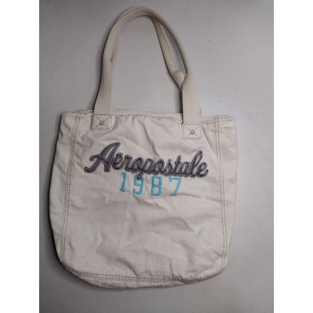 Aeropostale Womens Cream Canvas Tote Bag Embroidered 1987 Logo Y2K Collegiate